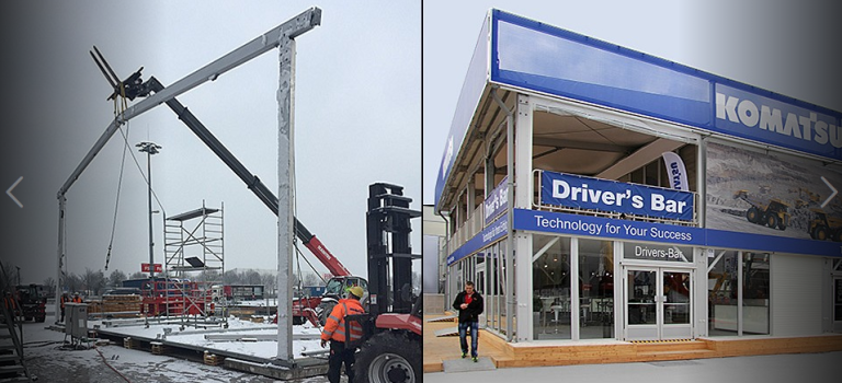 Doppeltes Bild mit einem Aufbau eines Gerüsts und auf der anderen Seite des fertiggestellten Standes